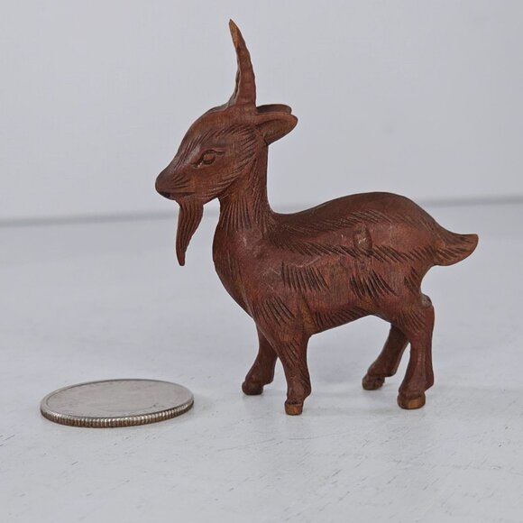 Handcrafted Wooden Goat Figurine Carved Miniature Dark Wood Signed - Picture 6 of 10